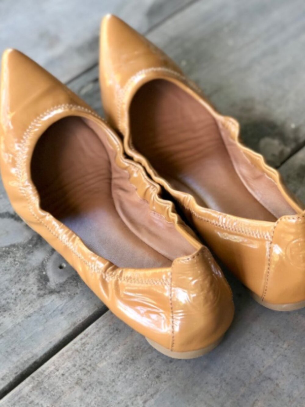 TORY BURCH Patent camel beige EDDIE Pointed-Toe Ballet Flats, 9